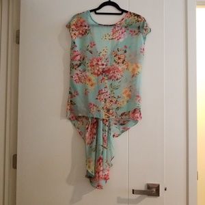 Aqua light blue with pink flowers flowy sheer top